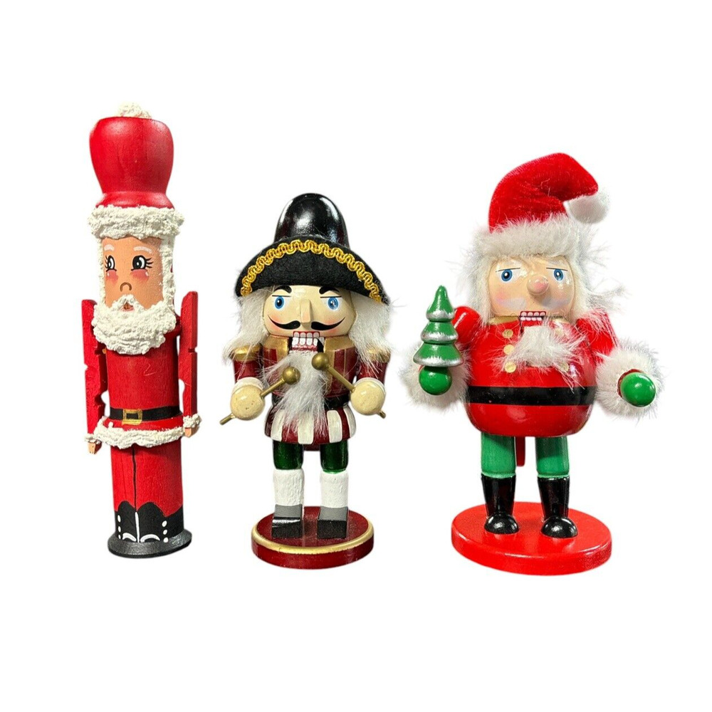 Wooden Nutcrackers Santa Christmas Decorations Lot of 3